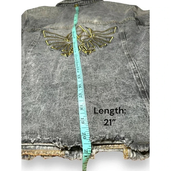 Distressed Denim Jacket with Zelda Triforce Embroidery Gamer Streetwear‎ - Picture 10 of 12